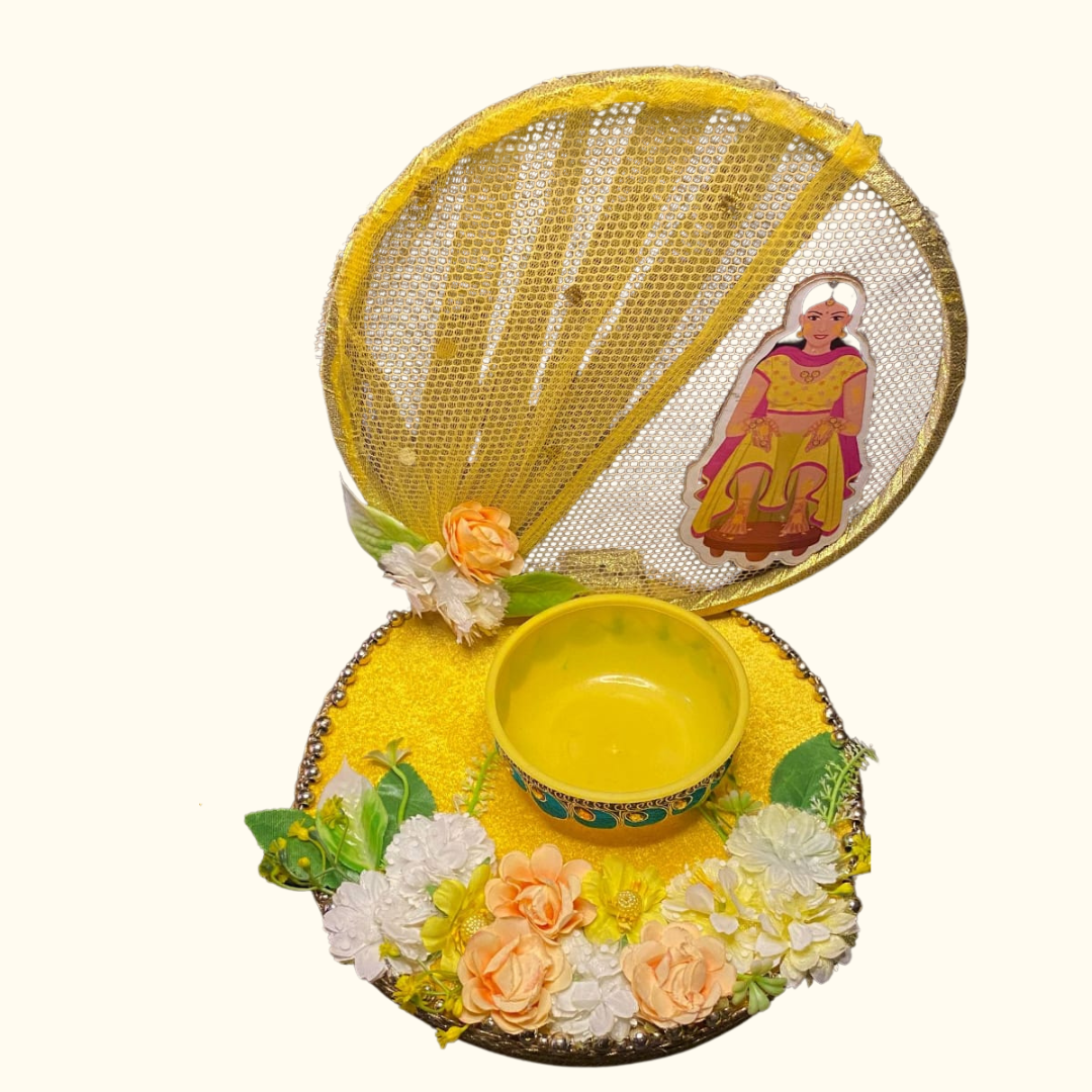 KS PRODUCTS (35) Floral Haldi Ceremony Platter – Handcrafted Yellow Theme - Image 1