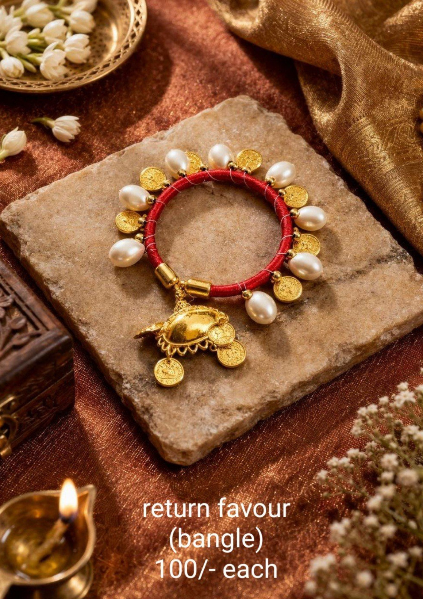Royal Red Silk Thread Bangle with Pearl & Coin Accents Royal Red Silk Thread Bangle with Pearl & Coin Accents