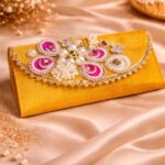 Elegant Handcrafted Mustard Yellow Money Gift Envelope with Pearl & Stone Work
