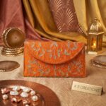 Elegant Handcrafted Orange Money Gift Envelope with Embroidered Leaf Design